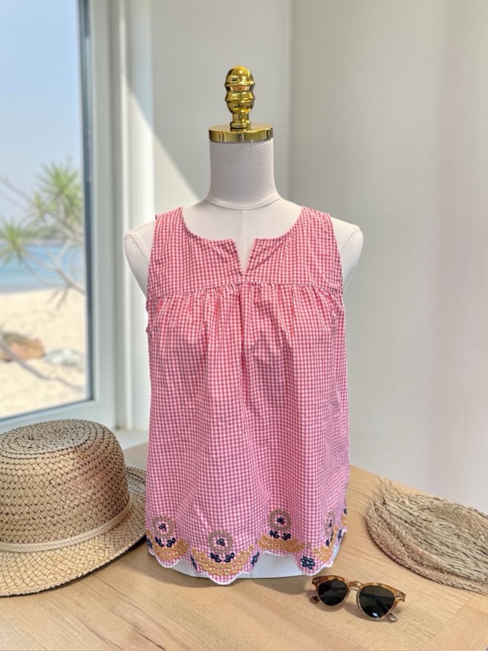 Madewell Embroidered Eyelet Gingham Tank Top Scalloped Hem 100% Cotton Pink Sz M